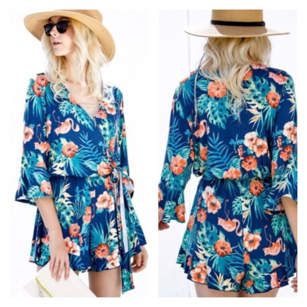 Tropical Floral Flamingo Romper - Picture 2 of 2